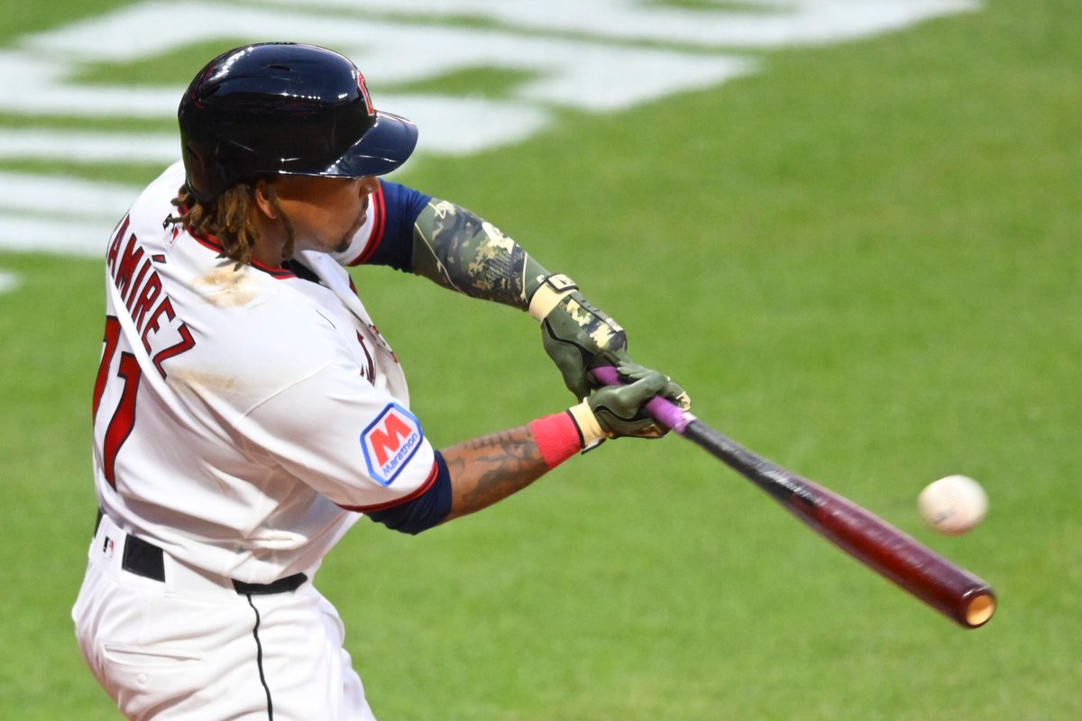 May 15, 2026; Cleveland, Ohio, USA; Cleveland Guardians third baseman Jose Ramirez (11) singles in the fifth inning against the Cincinnati Reds at Progressive Field. Mandatory Credit: David Richard-Imagn Images