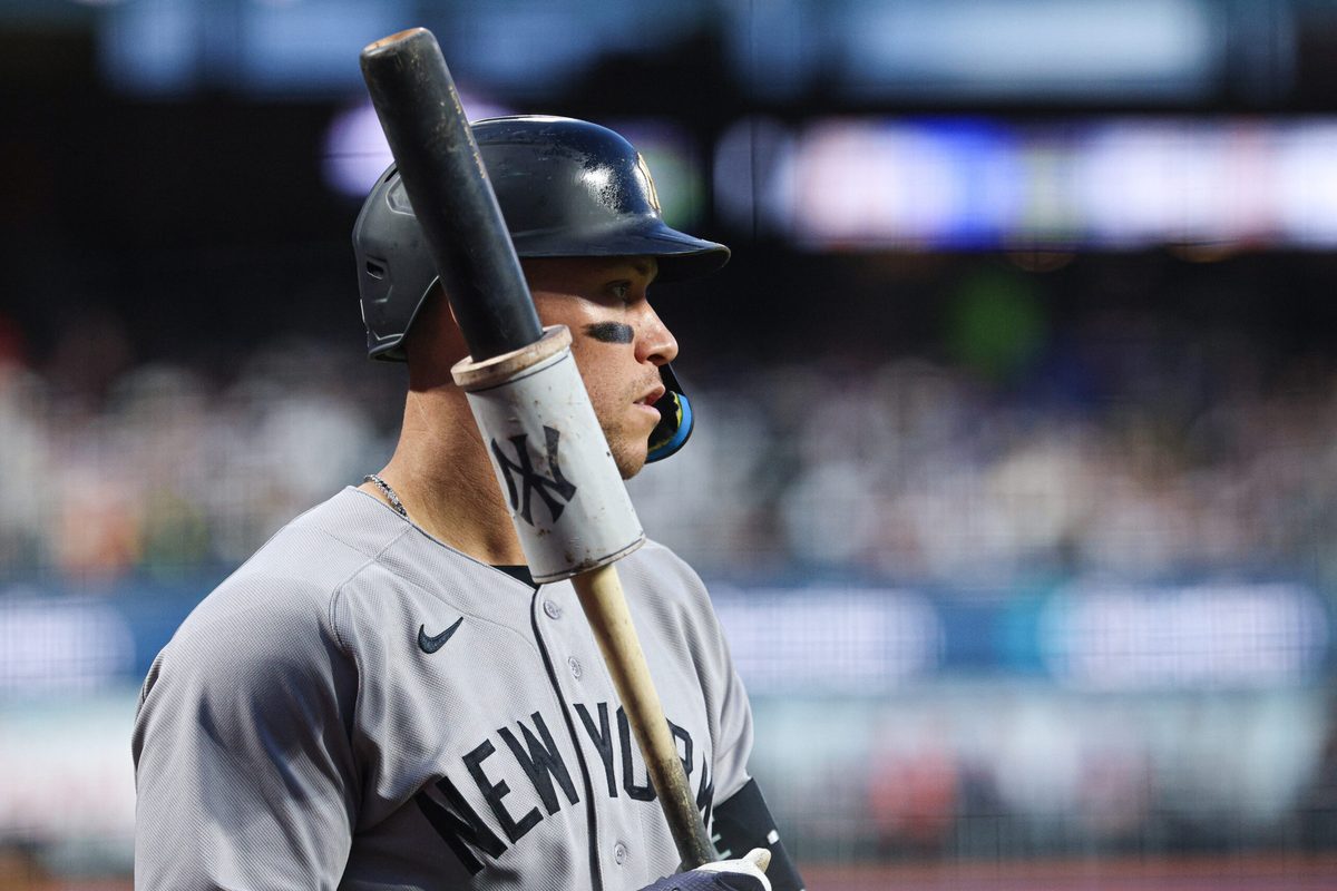 May 15, 2026; New York City, New York, USA; New York Yankees right fielder Aaron Judge (99) looks on from the on deck circle during the third inning against the New York Mets at Citi Field. Mandatory Credit: Vincent Carchietta-Imagn Images