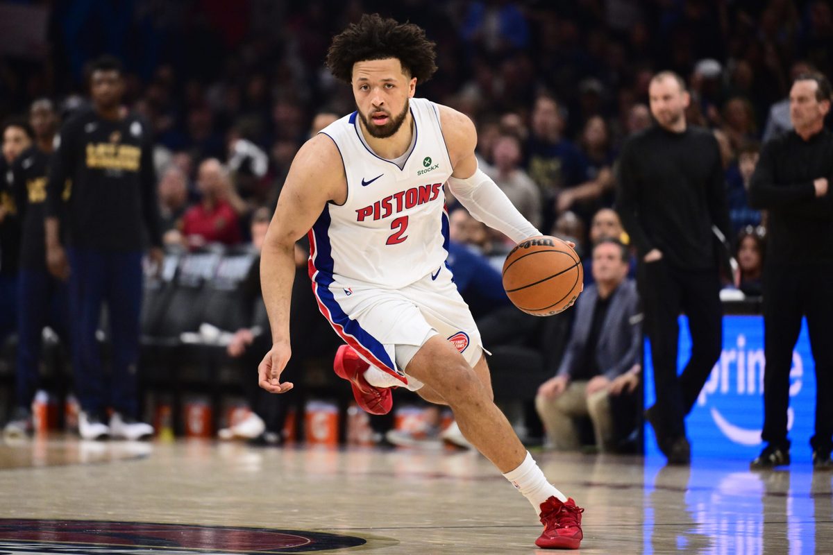 May 15, 2026; Cleveland, Ohio, USA; Detroit Pistons guard Cade Cunningham (2) brings the ball up court against the Cleveland Cavaliers during the second half in game six of the second round of the 2026 NBA Playoffs at Rocket Arena. Mandatory Credit: Ken Blaze-Imagn Images