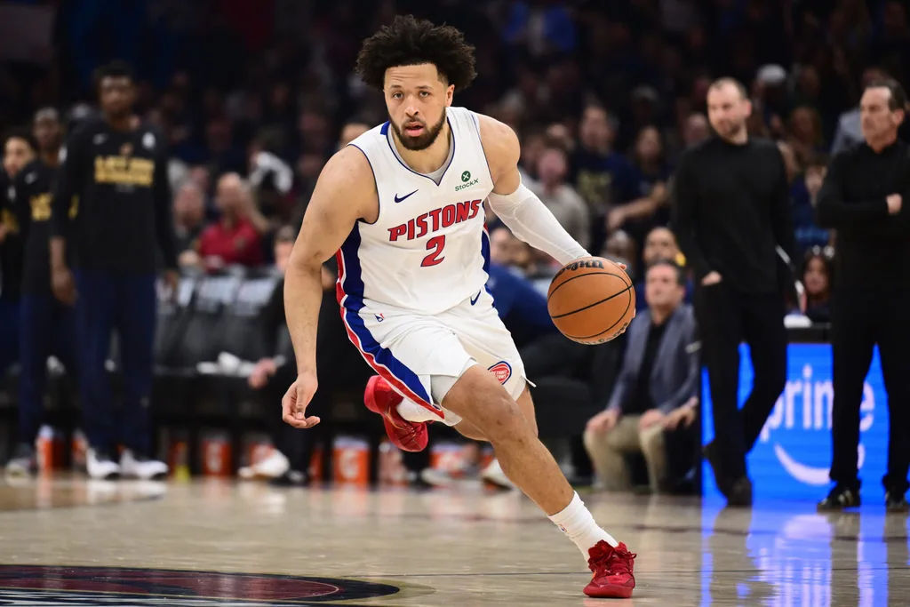 May 15, 2026; Cleveland, Ohio, USA; Detroit Pistons guard Cade Cunningham (2) brings the ball up court against the Cleveland Cavaliers during the second half in game six of the second round of the 2026 NBA Playoffs at Rocket Arena. Mandatory Credit: Ken Blaze-Imagn Images