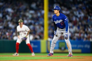 May 15, 2026; Anaheim, California, USA; Los Angeles Dodgers designated hitter Shohei Ohtani (17) takes his lead off second base during the fifth inning against the Los Angeles Angels at Angel Stadium. Mandatory Credit: William Liang-Imagn Images