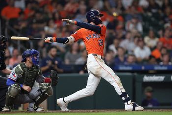May 15, 2026; Houston, Texas, USA; Houston Astros shortstop Braden Shewmake (28) hits an RBI single during the eighth inning against the Texas Rangers at Daikin Park. Mandatory Credit: Troy Taormina-Imagn Images