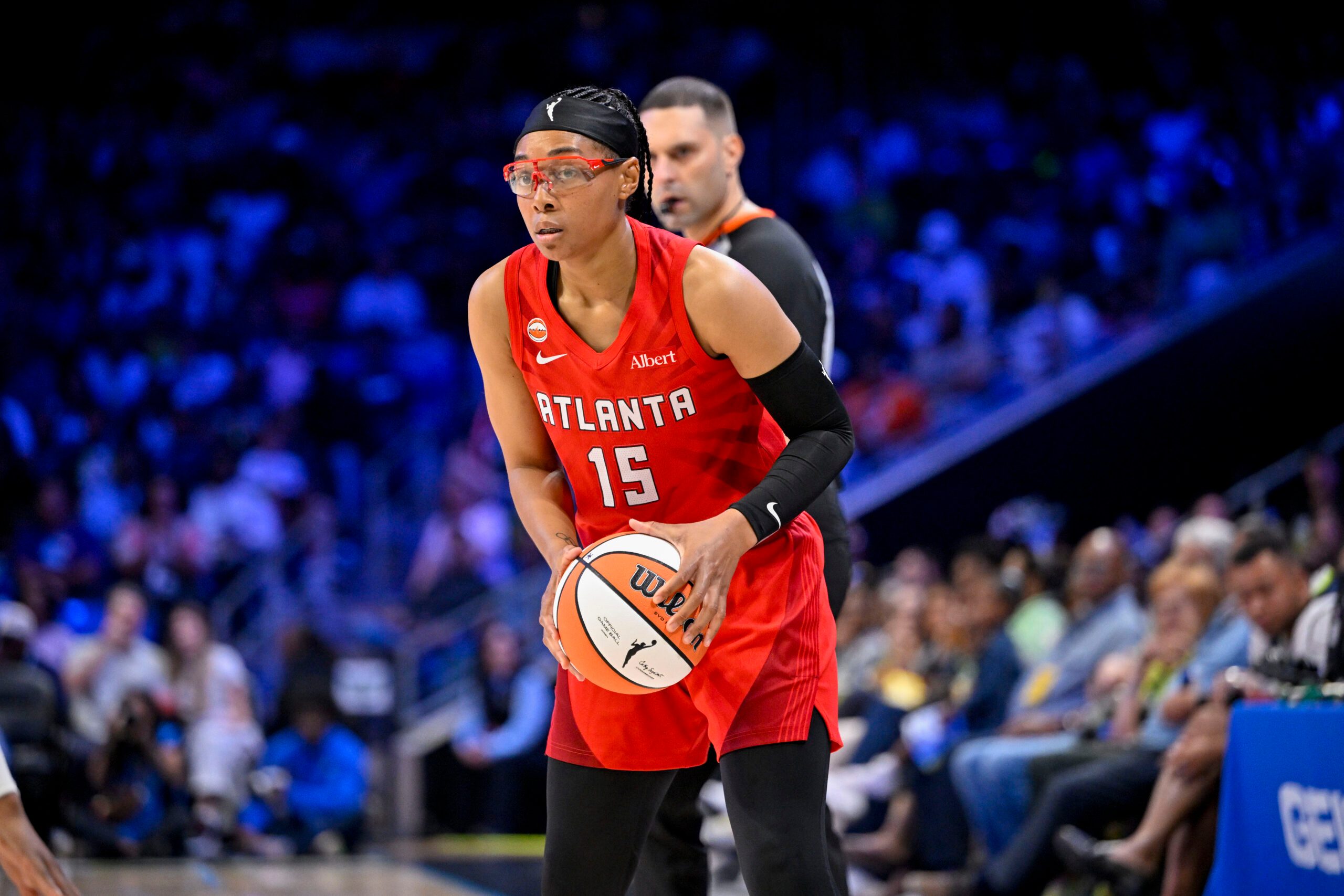 May 12, 2026; Arlington, Texas, USA; Atlanta Dream guard Allisha Gray (15) controls the ball during the game between the Wings and the Dream at College Park Center. Mandatory Credit: Jerome Miron-Imagn Images
