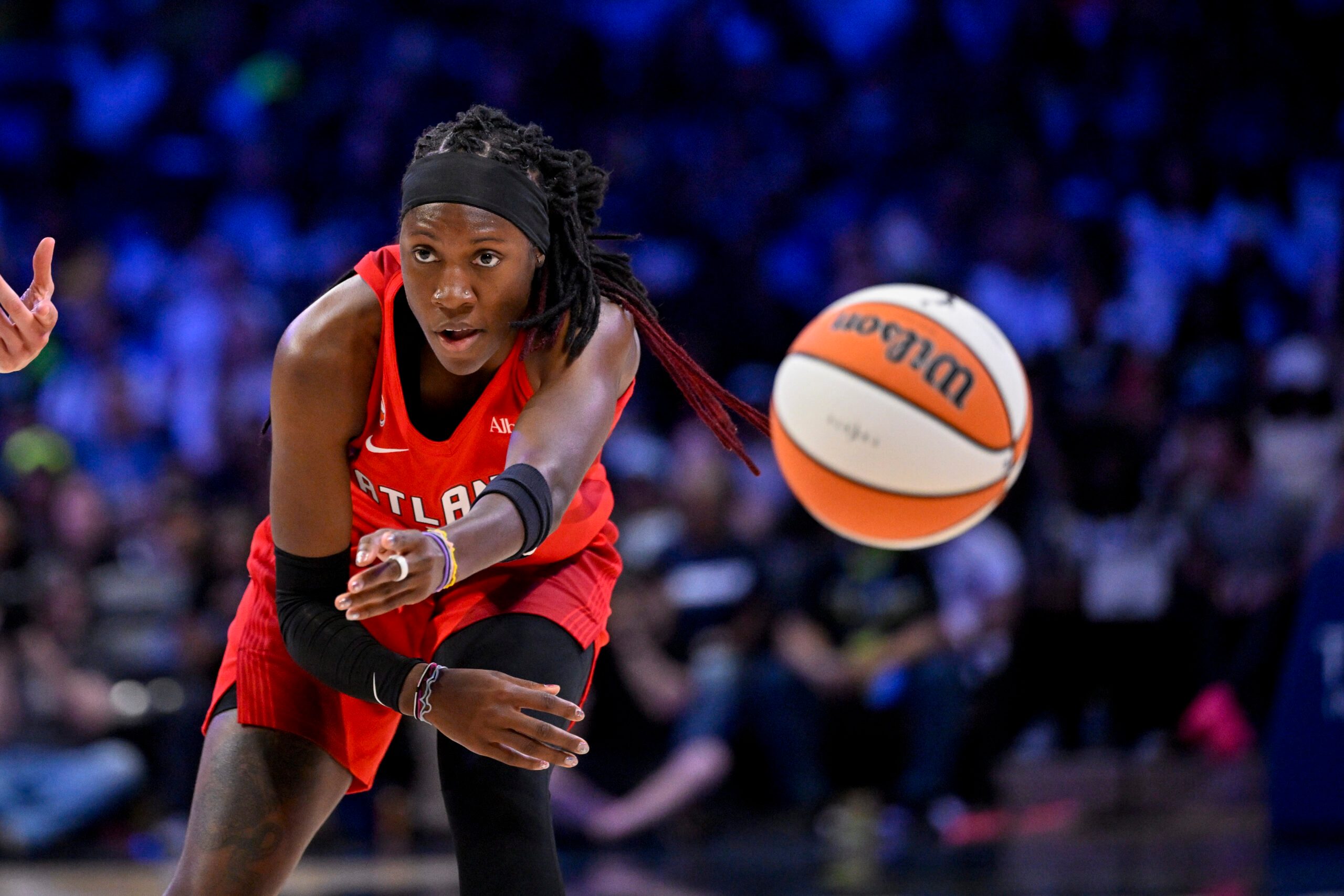 May 12, 2026; Arlington, Texas, USA; Atlanta Dream guard Rhyne Howard (10) passes the ball during the game between the Wings and the Dream at College Park Center. Mandatory Credit: Jerome Miron-Imagn Images