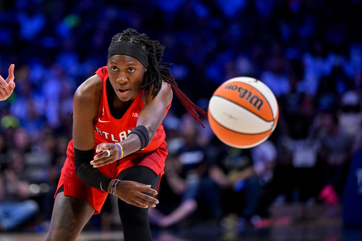May 12, 2026; Arlington, Texas, USA; Atlanta Dream guard Rhyne Howard (10) passes the ball during the game between the Wings and the Dream at College Park Center. Mandatory Credit: Jerome Miron-Imagn Images