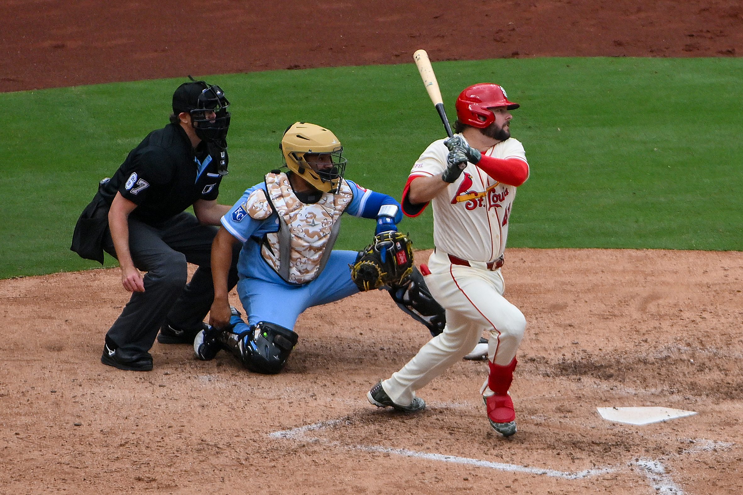May 16, 2026; St. Louis, Missouri, USA; St. Louis Cardinals first baseman Alec Burleson (41) hits a one run single against the Kansas City Royals during the eighth inning at Busch Stadium. Mandatory Credit: Jeff Curry-Imagn Images