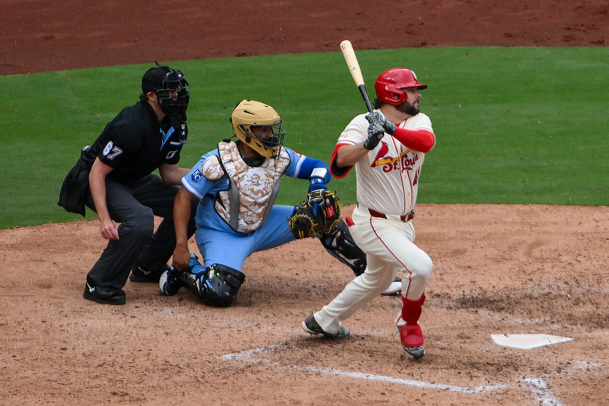 May 16, 2026; St. Louis, Missouri, USA; St. Louis Cardinals first baseman Alec Burleson (41) hits a one run single against the Kansas City Royals during the eighth inning at Busch Stadium. Mandatory Credit: Jeff Curry-Imagn Images