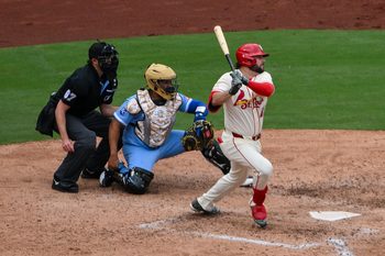 May 16, 2026; St. Louis, Missouri, USA; St. Louis Cardinals first baseman Alec Burleson (41) hits a one run single against the Kansas City Royals during the eighth inning at Busch Stadium. Mandatory Credit: Jeff Curry-Imagn Images