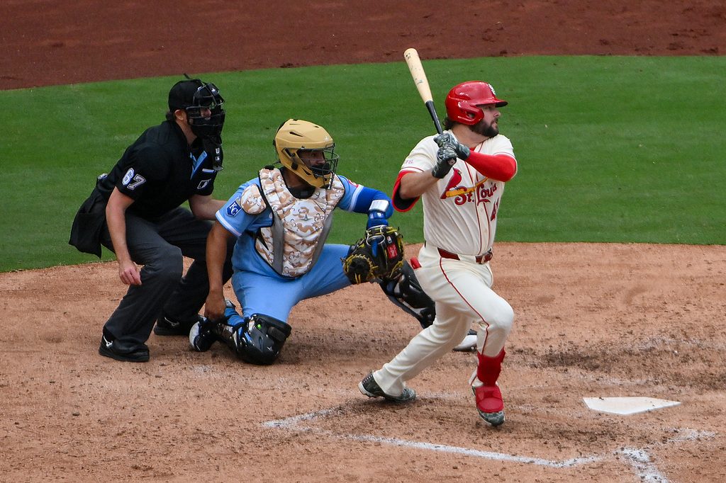 May 16, 2026; St. Louis, Missouri, USA; St. Louis Cardinals first baseman Alec Burleson (41) hits a one run single against the Kansas City Royals during the eighth inning at Busch Stadium. Mandatory Credit: Jeff Curry-Imagn Images