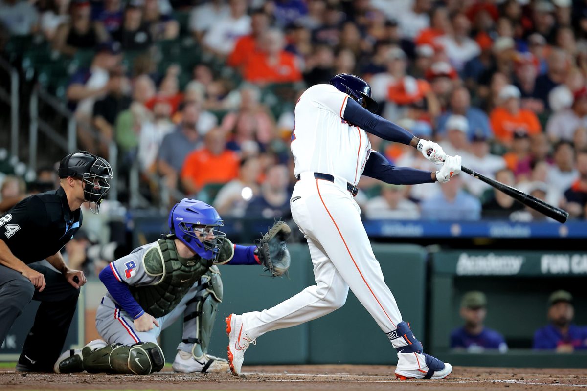 May 16, 2026; Houston, Texas, USA; Houston Astros designated hitter Yordan Alvarez (44) hits a home run to right field against the Texas Rangers during the first inning at Daikin Park. Mandatory Credit: Erik Williams-Imagn Images