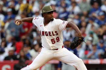 May 16, 2026; Anaheim, California, USA;  Los Angeles Angels pitcher Jose Soriano (59) pitches during the first inning against the Los Angeles Dodgers at Angel Stadium. Mandatory Credit: Kiyoshi Mio-Imagn Images