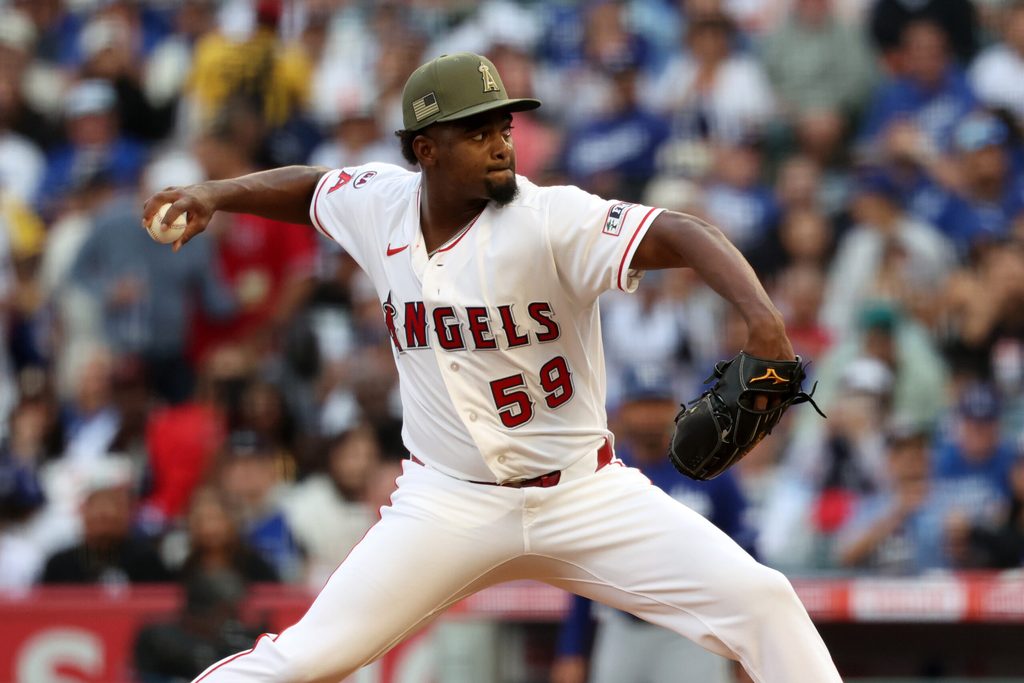 May 16, 2026; Anaheim, California, USA; Los Angeles Angels pitcher Jose Soriano (59) pitches during the first inning against the Los Angeles Dodgers at Angel Stadium. Mandatory Credit: Kiyoshi Mio-Imagn Images