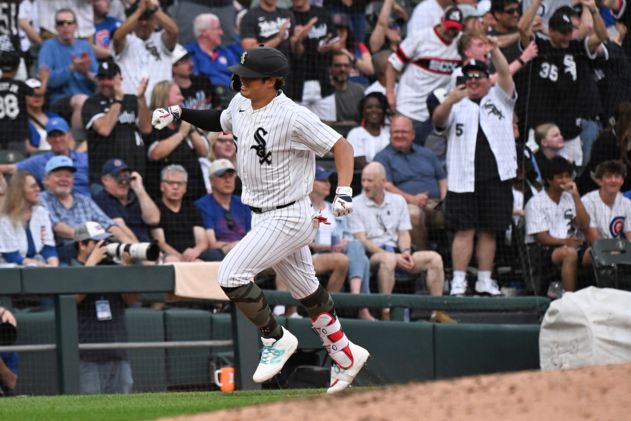 May 16, 2026; Chicago, Illinois, USA;  Chicago White Sox first baseman Munetaka Murakami (5) pumps his fist after hitting a home run during the third inning against the Chicago Cubs at Rate Field. Mandatory Credit: Matt Marton-Imagn Images