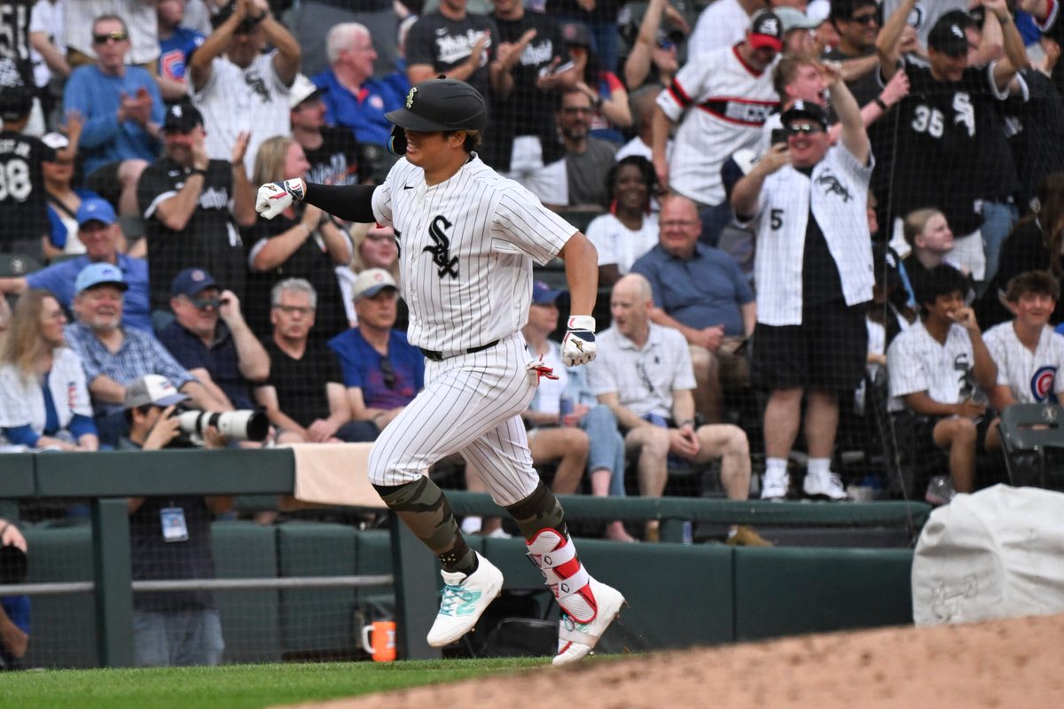 May 16, 2026; Chicago, Illinois, USA;  Chicago White Sox first baseman Munetaka Murakami (5) pumps his fist after hitting a home run during the third inning against the Chicago Cubs at Rate Field. Mandatory Credit: Matt Marton-Imagn Images