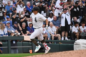 May 16, 2026; Chicago, Illinois, USA;  Chicago White Sox first baseman Munetaka Murakami (5) pumps his fist after hitting a home run during the third inning against the Chicago Cubs at Rate Field. Mandatory Credit: Matt Marton-Imagn Images