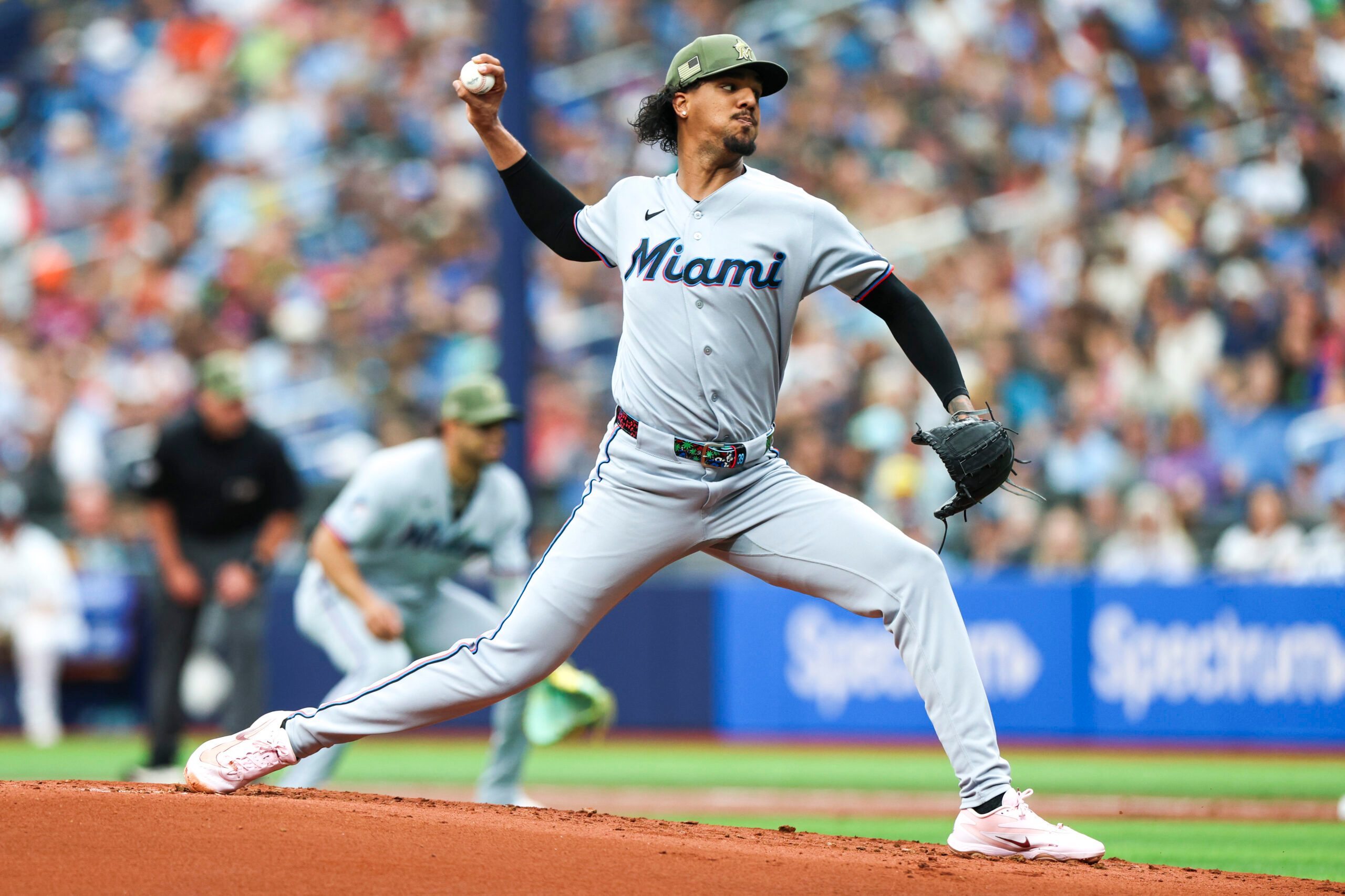 May 17, 2026; St. Petersburg, Florida, USA; Miami Marlins starting pitcher Eury Perez (39) throws a pitch against the Tampa Bay Rays in the first inning at Tropicana Field. Mandatory Credit: Nathan Ray Seebeck-Imagn Images