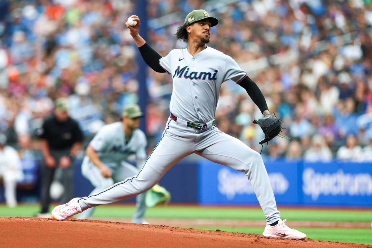 May 17, 2026; St. Petersburg, Florida, USA; Miami Marlins starting pitcher Eury Perez (39) throws a pitch against the Tampa Bay Rays in the first inning at Tropicana Field. Mandatory Credit: Nathan Ray Seebeck-Imagn Images