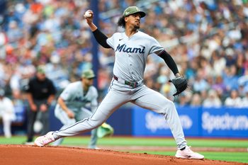 May 17, 2026; St. Petersburg, Florida, USA; Miami Marlins starting pitcher Eury Perez (39) throws a pitch against the Tampa Bay Rays in the first inning at Tropicana Field. Mandatory Credit: Nathan Ray Seebeck-Imagn Images