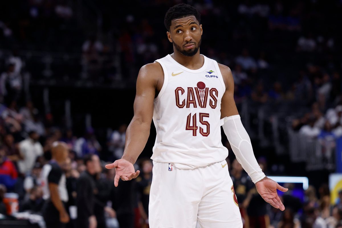 May 17, 2026; Detroit, Michigan, USA; Cleveland Cavaliers guard Donovan Mitchell (45) reacts during the second half against the Detroit Pistons during game seven of the second round of the 2026 NBA Playoffs at Little Caesars Arena. Mandatory Credit: Rick Osentoski-Imagn Images