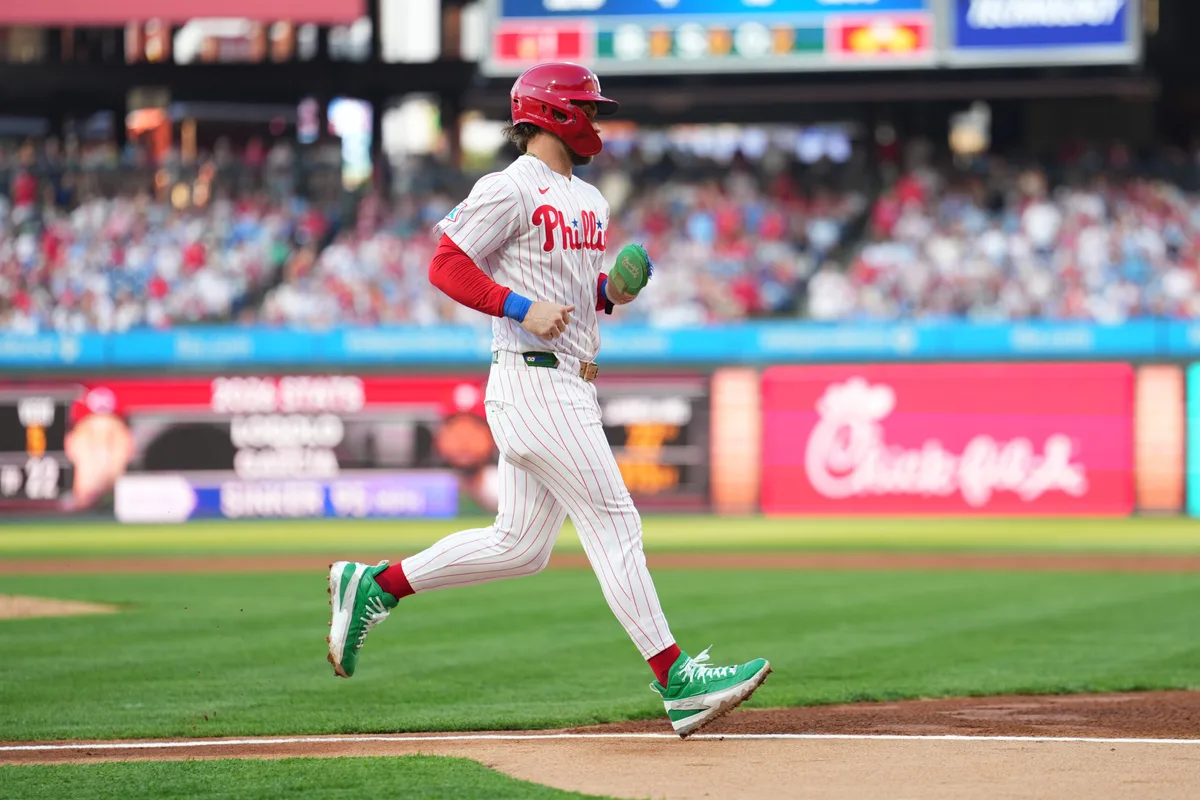 May 18, 2026; Philadelphia, Pennsylvania, USA; Philadelphia Phillies infielder Bryce Harper (3) advances home to score against the Cincinnati Reds in the first inning at Citizens Bank Park. Mandatory Credit: Kyle Ross-Imagn Images