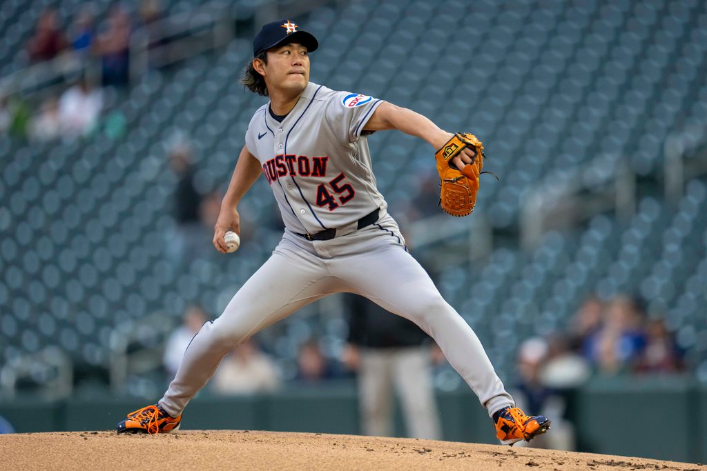 May 18, 2026; Minneapolis, Minnesota, USA; Houston Astros starting pitcher Tatsuya Imai (45) delivers a pitch against the Minnesota Twins in the first inning at Target Field. Mandatory Credit: Jesse Johnson-Imagn Images
