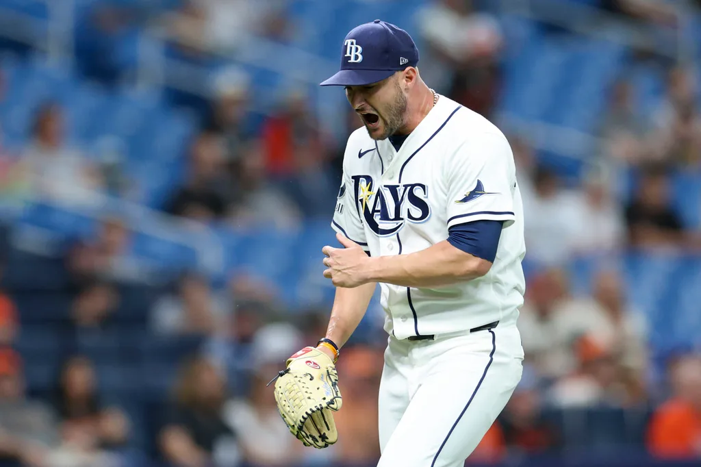 May 18, 2026; St. Petersburg, Florida, USA; Tampa Bay Rays starting pitcher Shane McClanahan (18) reacts after pitching against the Baltimore Orioles in the third inning at Tropicana Field. Mandatory Credit: Nathan Ray Seebeck-Imagn Images