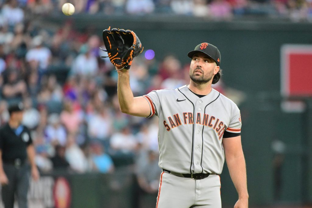 May 18, 2026; Phoenix, Arizona, USA; San Francisco Giants pitcher Robbie Ray (38) looks on in the
second inning against the Arizona Diamondbacks at Chase Field. Mandatory Credit: Matt Kartozian-Imagn Images