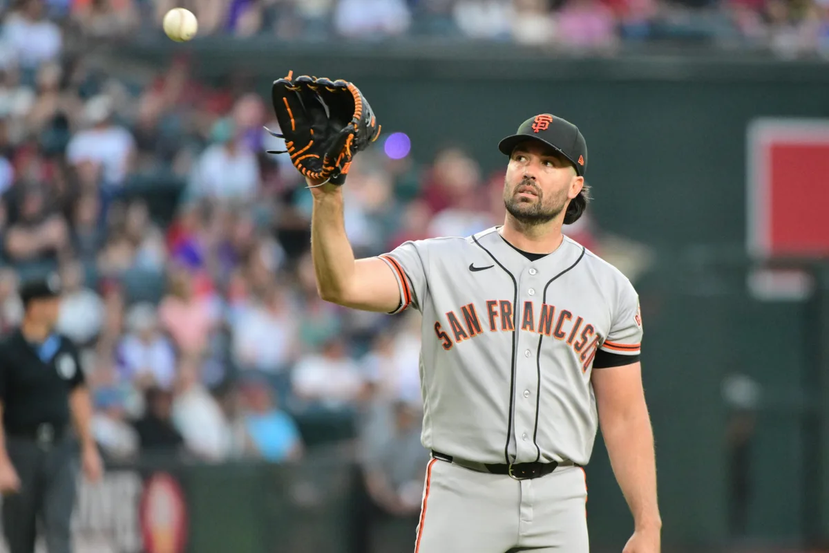 May 18, 2026; Phoenix, Arizona, USA; San Francisco Giants pitcher Robbie Ray (38) looks on in the
second inning against the Arizona Diamondbacks at Chase Field. Mandatory Credit: Matt Kartozian-Imagn Images