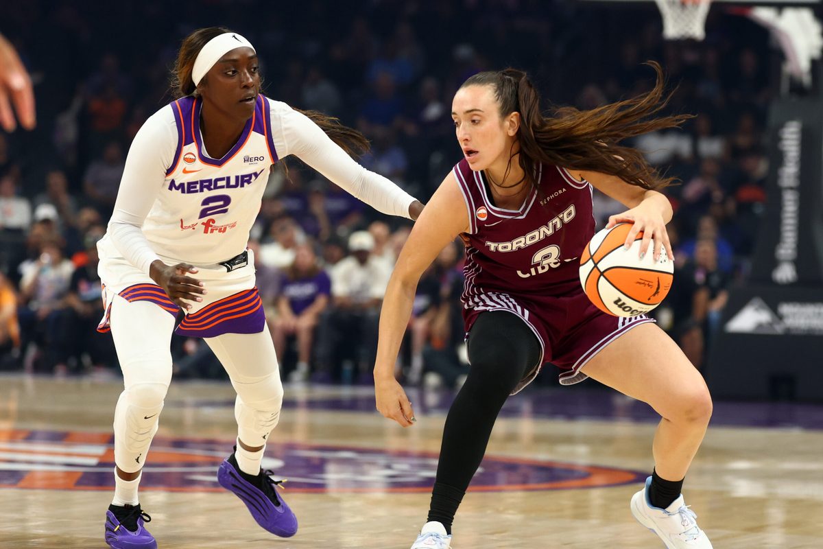 May 19, 2026; Phoenix, Arizona, USA; Phoenix Mercury guard Kahleah Copper (2) defends against Toronto Tempo guard Marina Mabrey (3) in the first half at Mortgage Matchup Center. Mandatory Credit: Mark J. Rebilas-Imagn Images