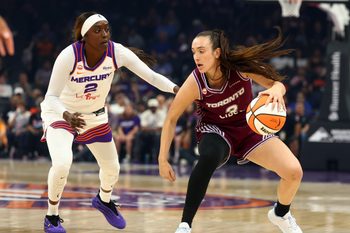 May 19, 2026; Phoenix, Arizona, USA; Phoenix Mercury guard Kahleah Copper (2) defends against Toronto Tempo guard Marina Mabrey (3) in the first half at Mortgage Matchup Center. Mandatory Credit: Mark J. Rebilas-Imagn Images