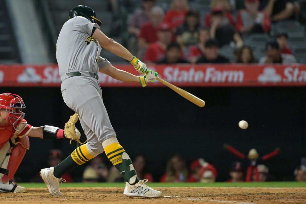May 19, 2026; Anaheim, California, USA; Athletics first baseman Nick Kurtz (16) singles in two runs in the sixth inning against the Los Angeles Angels at Angel Stadium. Mandatory Credit: Jayne Kamin-Oncea-Imagn Images