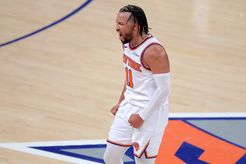 May 19, 2026; New York, New York, USA; New York Knicks guard Jalen Brunson (11) celebrates his three point shot against the Cleveland Cavaliers during the fourth quarter of game one of the eastern conference finals during the 2026 NBA playoffs at Madison Square Garden. Mandatory Credit: Brad Penner-Imagn Images