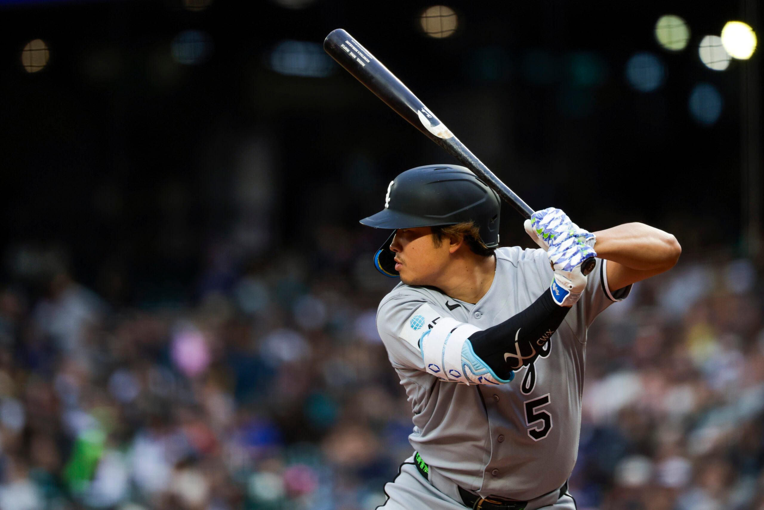 May 19, 2026; Seattle, Washington, USA; Chicago White Sox first baseman Munetaka Murakami (5) waits for a pitch against the Seattle Mariners during the fourth inning at T-Mobile Park. Mandatory Credit: Joe Nicholson-Imagn Images