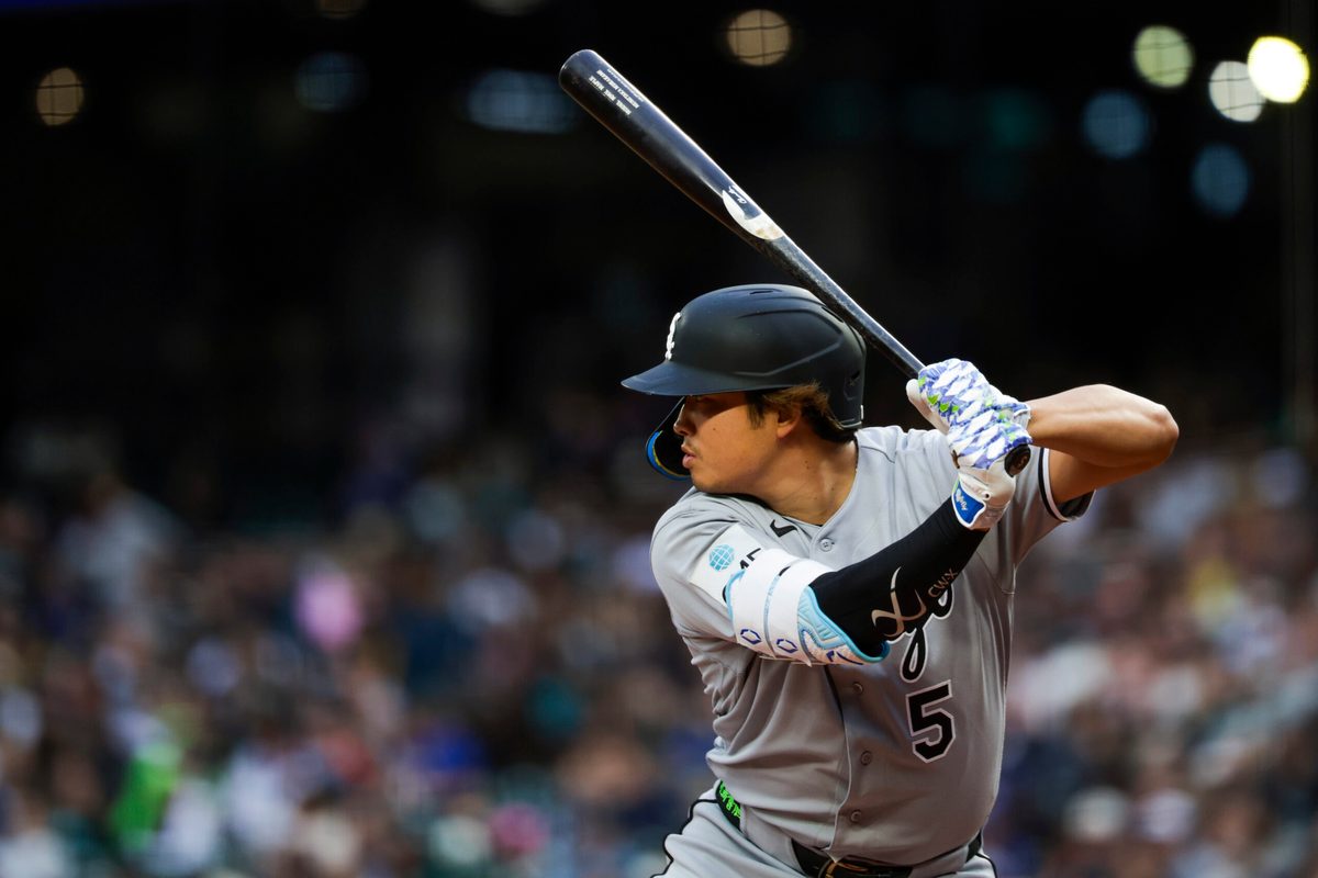 May 19, 2026; Seattle, Washington, USA; Chicago White Sox first baseman Munetaka Murakami (5) waits for a pitch against the Seattle Mariners during the fourth inning at T-Mobile Park. Mandatory Credit: Joe Nicholson-Imagn Images