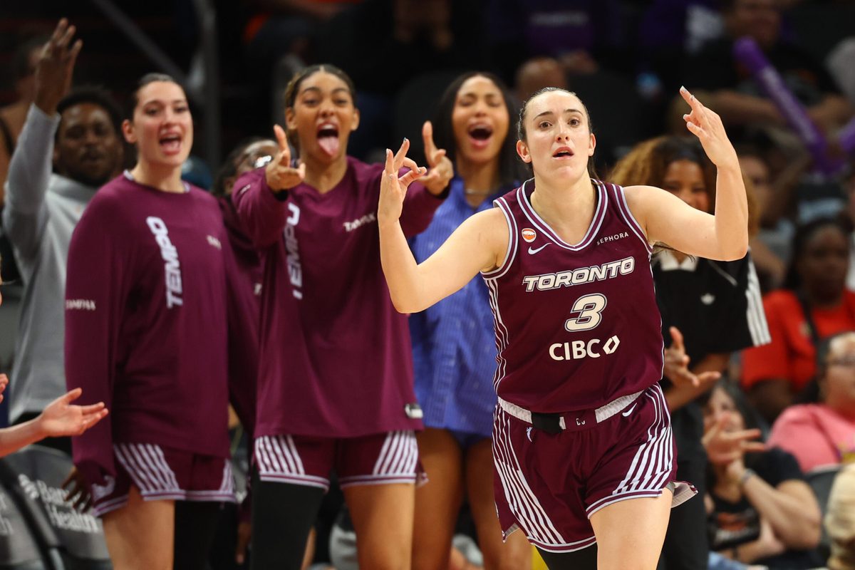 May 19, 2026; Phoenix, Arizona, USA; Toronto Tempo guard Marina Mabrey (3) celebrates a three point shot against the Phoenix Mercury in the second half at Mortgage Matchup Center. Mandatory Credit: Mark J. Rebilas-Imagn Images