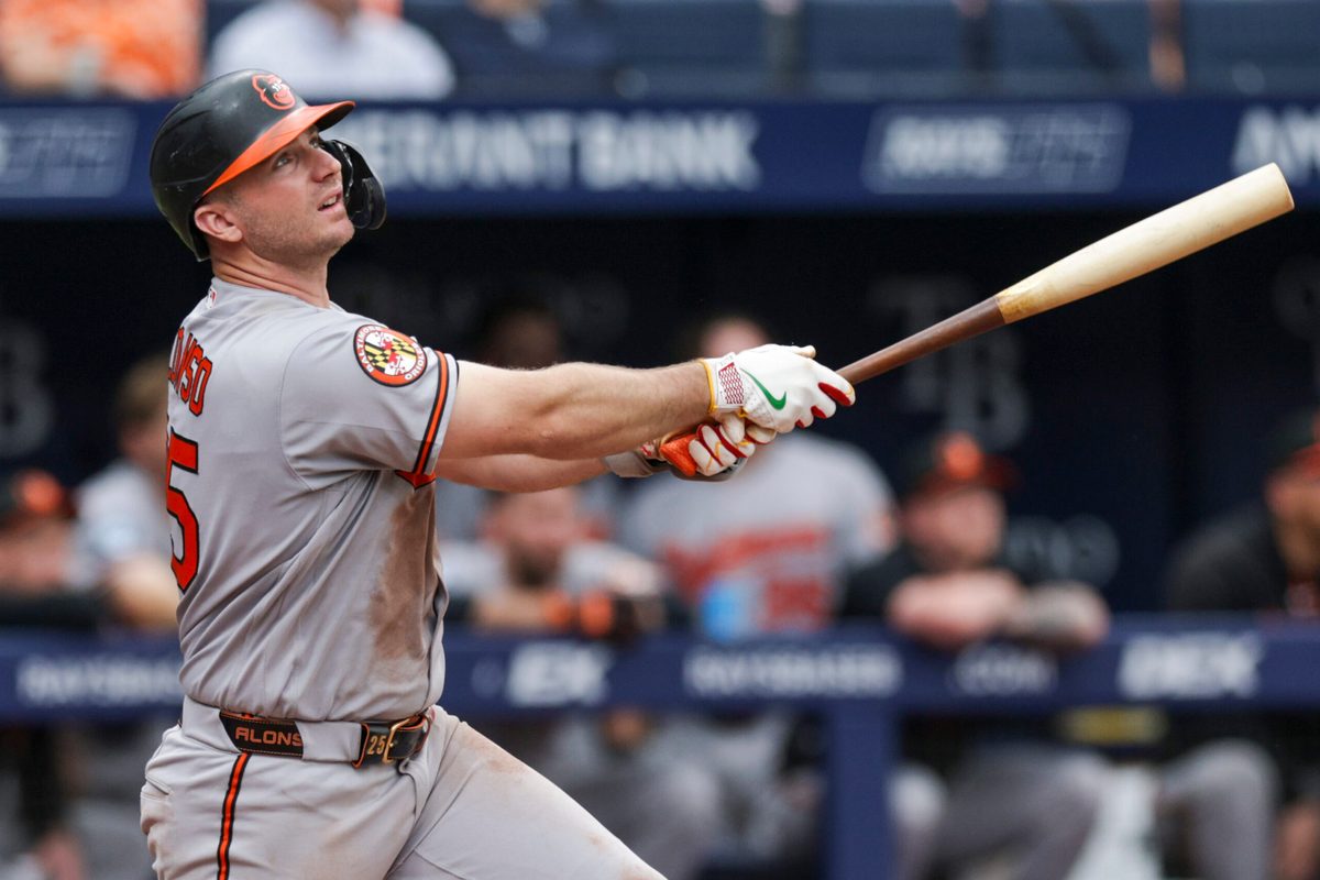 May 20, 2026; St. Petersburg, Florida, USA; Baltimore Orioles first baseman Pete Alonso (25) hits a home run against the Tampa Bay Rays in the sixth inning at Tropicana Field. Mandatory Credit: Nathan Ray Seebeck-Imagn Images
