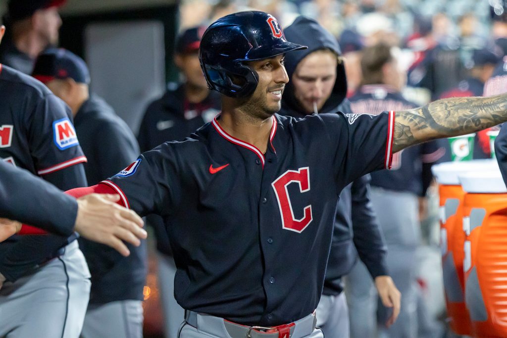 May 20, 2026; Detroit, Michigan, USA; Cleveland Guardians shortstop Brayan Rocchio (4) scores on a triple by left fielder Angel Martinez (not pictured) during the tenth inning at Comerica Park. Mandatory Credit: David Reginek-Imagn Images