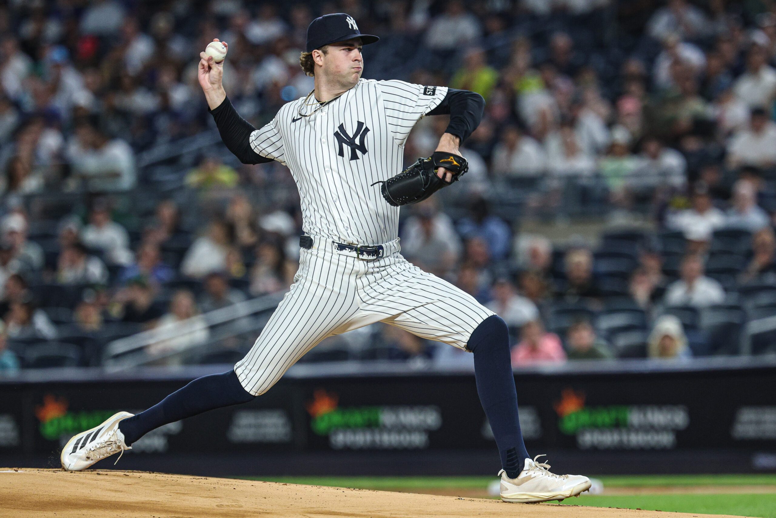 May 20, 2026; Bronx, New York, USA; New York Yankees pitcher Cam Schlittler (31) delivers a pitch during the first inning against the Toronto Blue Jays at Yankee Stadium. Mandatory Credit: Vincent Carchietta-Imagn Images