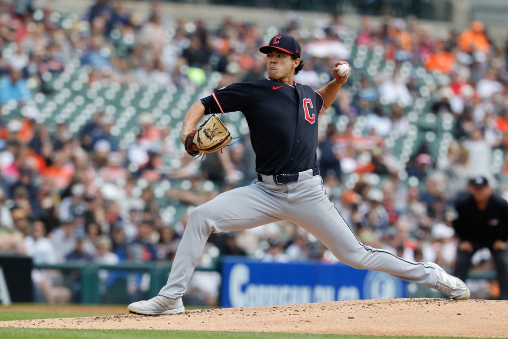 May 21, 2026; Detroit, Michigan, USA; Cleveland Guardians pitcher Joey Cantillo (54) pitches in the second inning against the Detroit Tigers at Comerica Park. Mandatory Credit: Rick Osentoski-Imagn Images