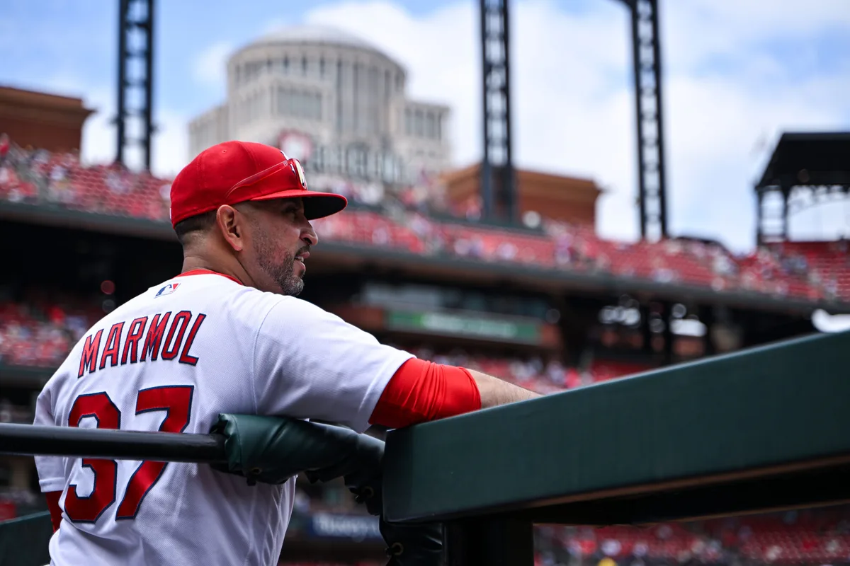 May 21, 2026; St. Louis, Missouri, USA; St. Louis Cardinals manager Oliver Marmol (37) looks on from the dugout during the sixth inning against the Pittsburgh Pirates at Busch Stadium. Mandatory Credit: Jeff Curry-Imagn Images