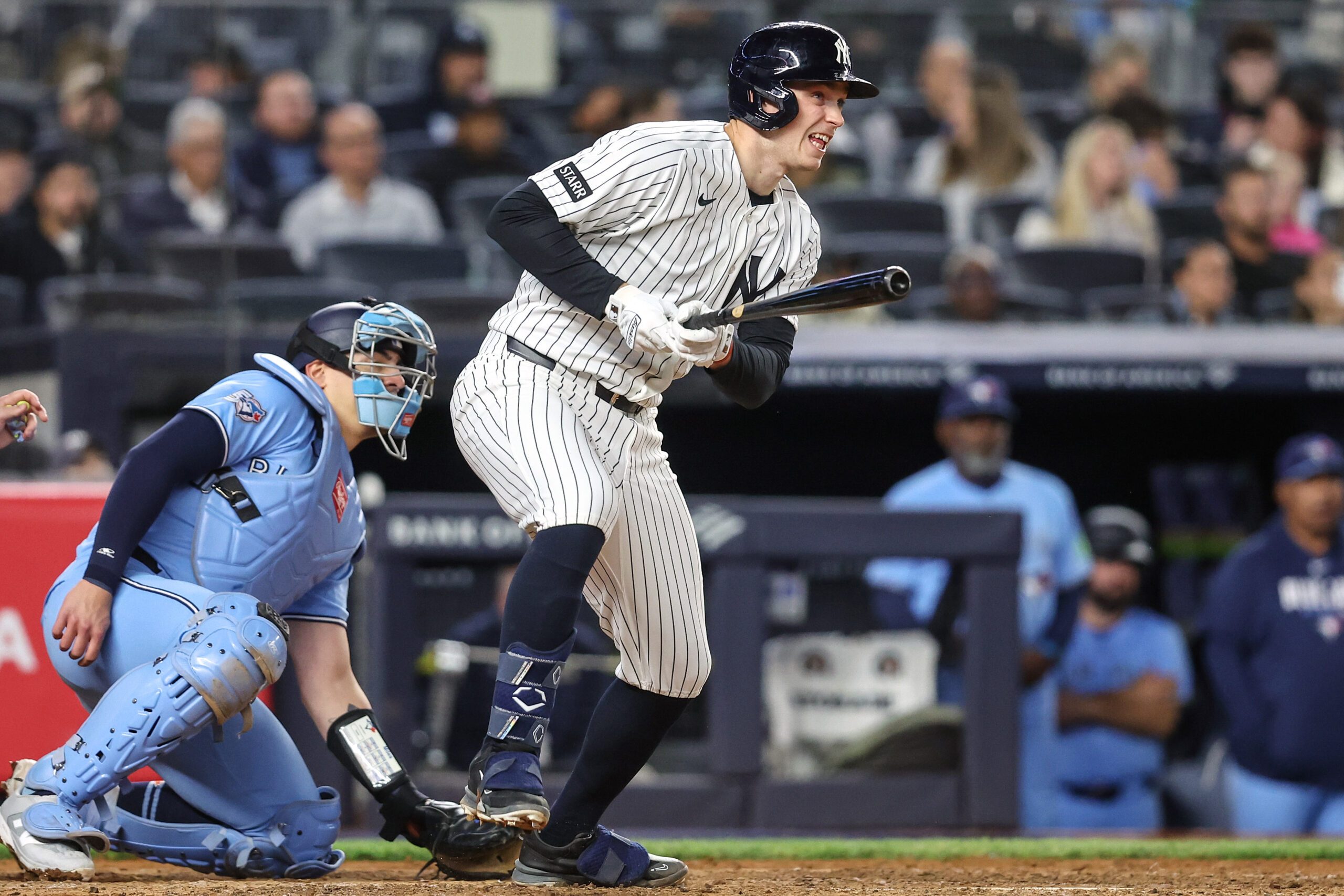 May 21, 2026; Bronx, New York, USA;  New York Yankees designated hitter Ben Rice (22) hits a single in the sixth inning against the Toronto Blue Jays at Yankee Stadium. Mandatory Credit: Wendell Cruz-Imagn Images