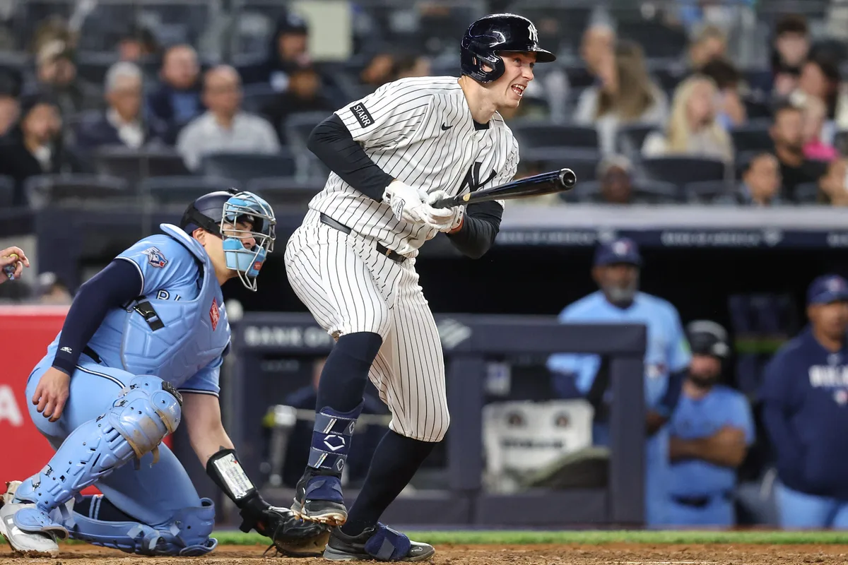 May 21, 2026; Bronx, New York, USA; New York Yankees designated hitter Ben Rice (22) hits a single in the sixth inning against the Toronto Blue Jays at Yankee Stadium. Mandatory Credit: Wendell Cruz-Imagn Images