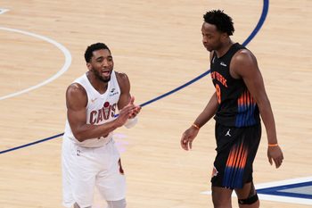 May 21, 2026; New York, New York, USA; Cleveland Cavaliers guard Donovan Mitchell (45) reacts after being called for a foul as New York Knicks forward Og Anunoby (8) looks on during the fourth quarter of game two of the eastern conference finals of the 2026 NBA playoffs at Madison Square Garden. Mandatory Credit: Vincent Carchietta-Imagn Images
