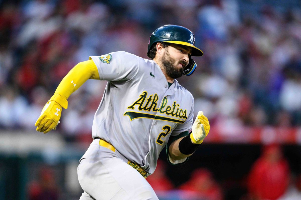 May 21, 2026; Anaheim, California, USA; Athletics catcher Shea Langeliers (23) runs after hitting a double during the sixth inning against the Los Angeles Angels at Angel Stadium. Mandatory Credit: William Liang-Imagn Images