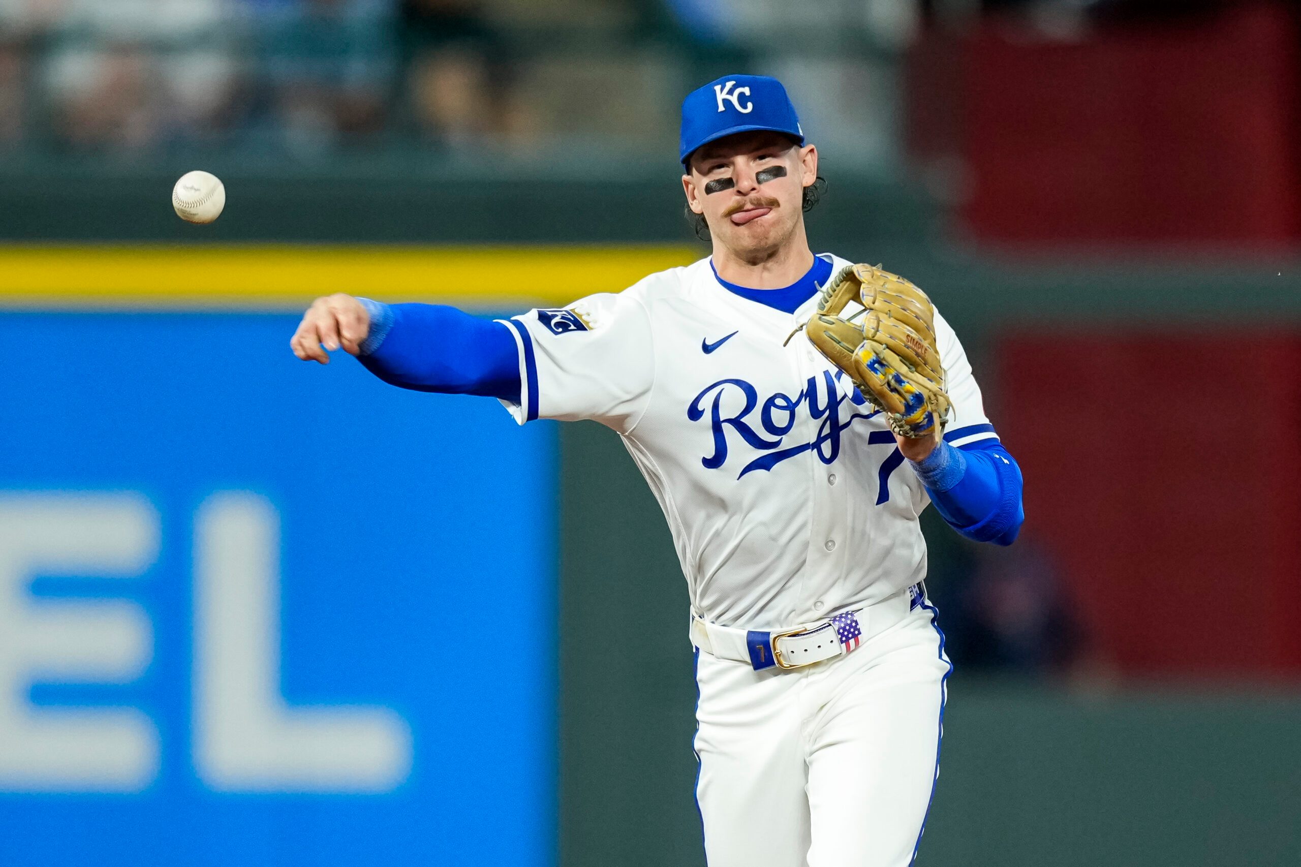 May 20, 2026; Kansas City, Missouri, USA; Kansas City Royals shortstop Bobby Witt Jr. (7) throws to first base during the eighth inning against the Boston Red Sox at Kauffman Stadium. Mandatory Credit: Jay Biggerstaff-Imagn Images