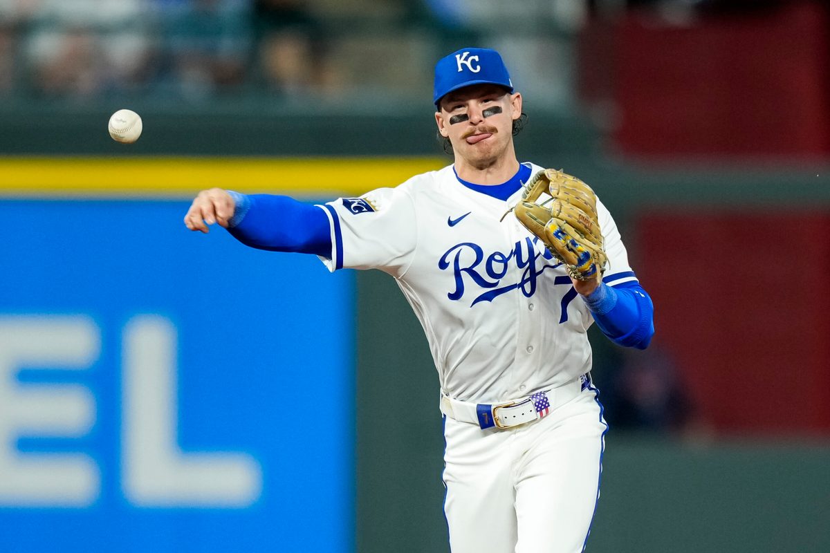 May 20, 2026; Kansas City, Missouri, USA; Kansas City Royals shortstop Bobby Witt Jr. (7) throws to first base during the eighth inning against the Boston Red Sox at Kauffman Stadium. Mandatory Credit: Jay Biggerstaff-Imagn Images