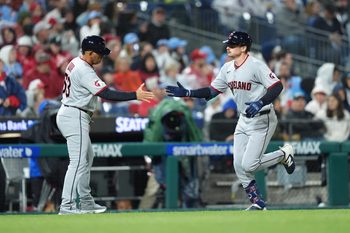 May 22, 2026; Philadelphia, Pennsylvania, USA; Cleveland Guardians infielder Kyle Manzardo (9) rounds the bases after hitting a home run against the Philadelphia Phillies in the ninth inning at Citizens Bank Park. Mandatory Credit: Kyle Ross-Imagn Images