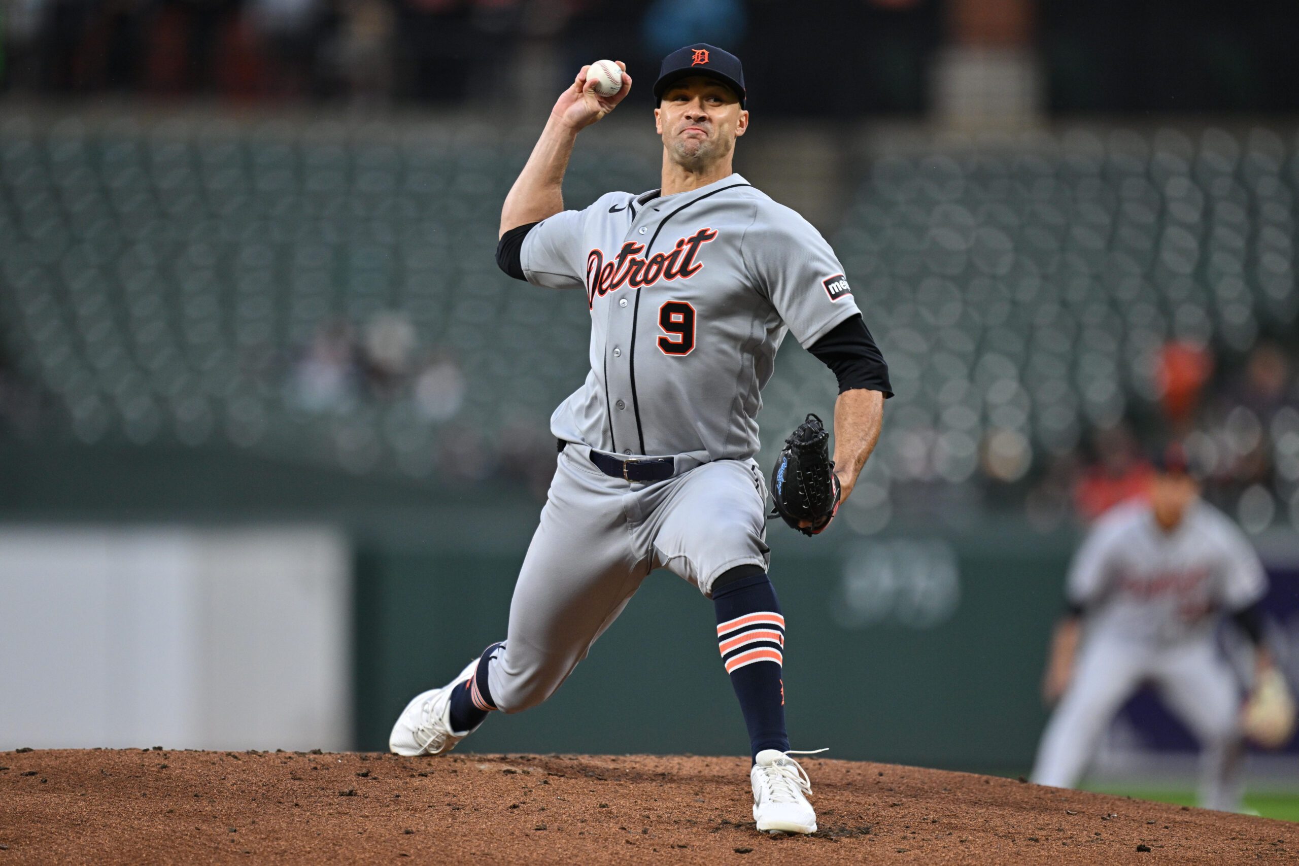 May 22, 2026; Baltimore, Maryland, USA;  Detroit Tigers pitcher Jack Flaherty (9) pitches in the first inning against the Baltimore Orioles at Oriole Park at Camden Yards. Mandatory Credit: Jamie Sabau-Imagn Images