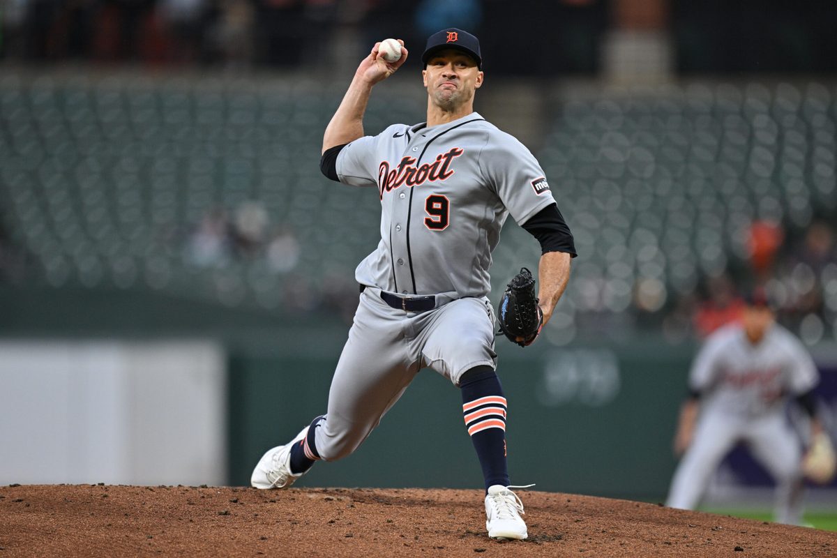 May 22, 2026; Baltimore, Maryland, USA;  Detroit Tigers pitcher Jack Flaherty (9) pitches in the first inning against the Baltimore Orioles at Oriole Park at Camden Yards. Mandatory Credit: Jamie Sabau-Imagn Images