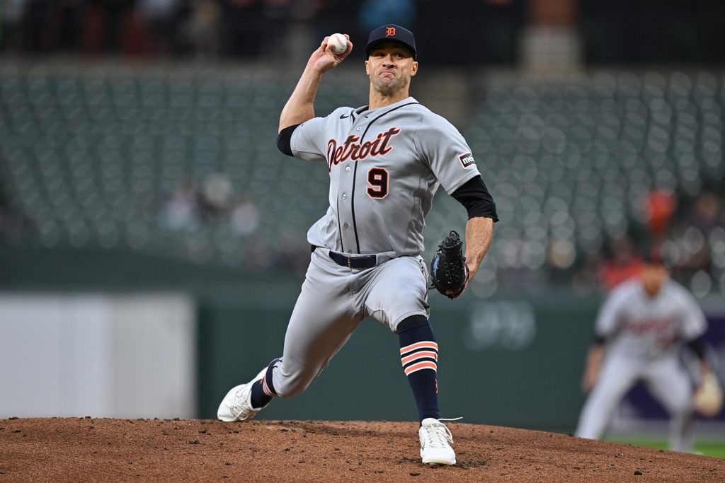 May 22, 2026; Baltimore, Maryland, USA; Detroit Tigers pitcher Jack Flaherty (9) pitches in the first inning against the Baltimore Orioles at Oriole Park at Camden Yards. Mandatory Credit: Jamie Sabau-Imagn Images